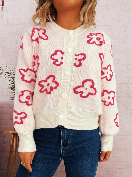 Damen Strickjacke mit floralem Muster und Knopfverschluss EB