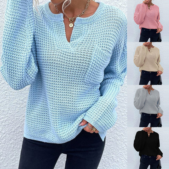 Damen lässiger Strickpullover mit V-Ausschnitt und strukturierter Oberfläche EB
