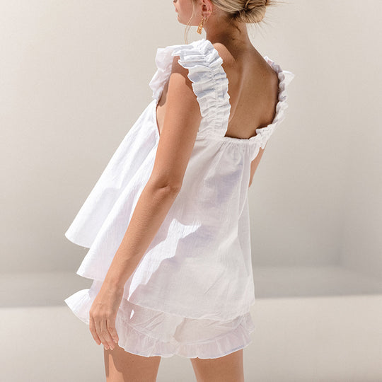 Damen luftiges Top mit Rüschendetails und lässigen Shorts EB