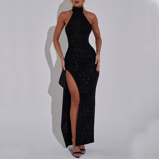 Damen Glamouröses Abendkleid mit Schlitz und Hochkragen EB