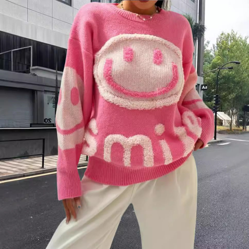 Damen Strickpullover mit fröhlichem Emoji-Motiv und komfortablem Schnitt EB