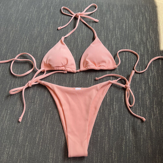 Damen Triangel-Bikini-Set mit verstellbaren Bindebändern und texturiertem Stoff EB