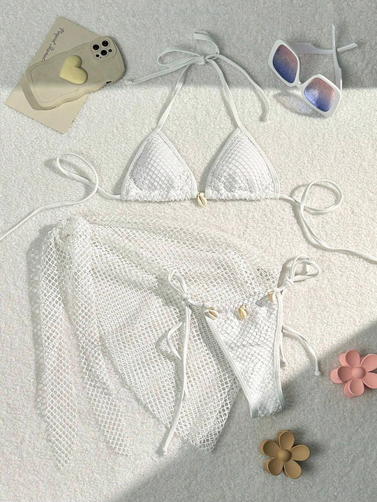Damen Triangel-Bikini mit transparentem Netzgewebe und Schnürdetails EB