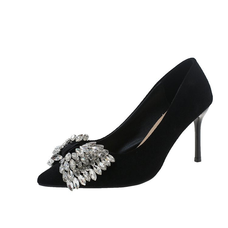 Damen elegante Pumps mit strassbesetztem Blumenmotiv EB