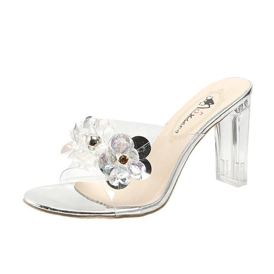 Damen glamouröse Mules mit floralem Strass-Schmuckdetail EB