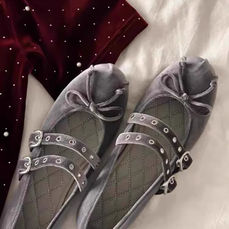 Damen Ballerina-Schuhe mit dekorativer Schleifenapplikation und doppeltem Riemendesign EB