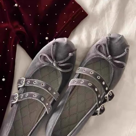 Damen Ballerina-Schuhe mit dekorativer Schleifenapplikation und doppeltem Riemendesign EB