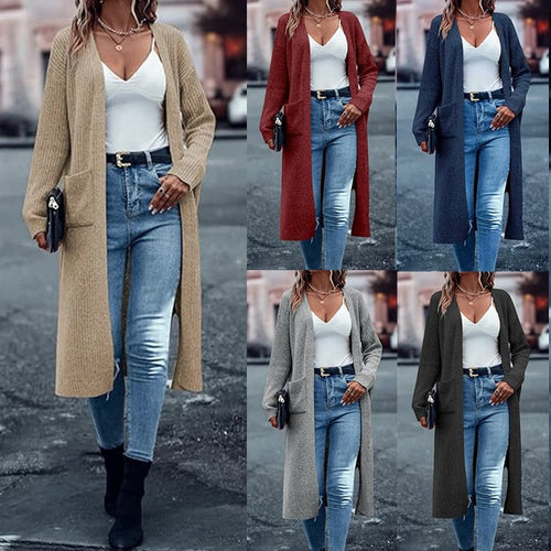 Damen Langer Strickcardigan mit tiefen Taschen und offenem Schnitt EB