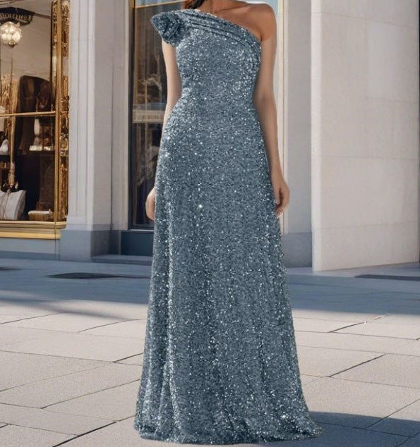 Damen Glamouröses Maxikleid mit schulterfreiem Design und funkelnden Pailletten EB