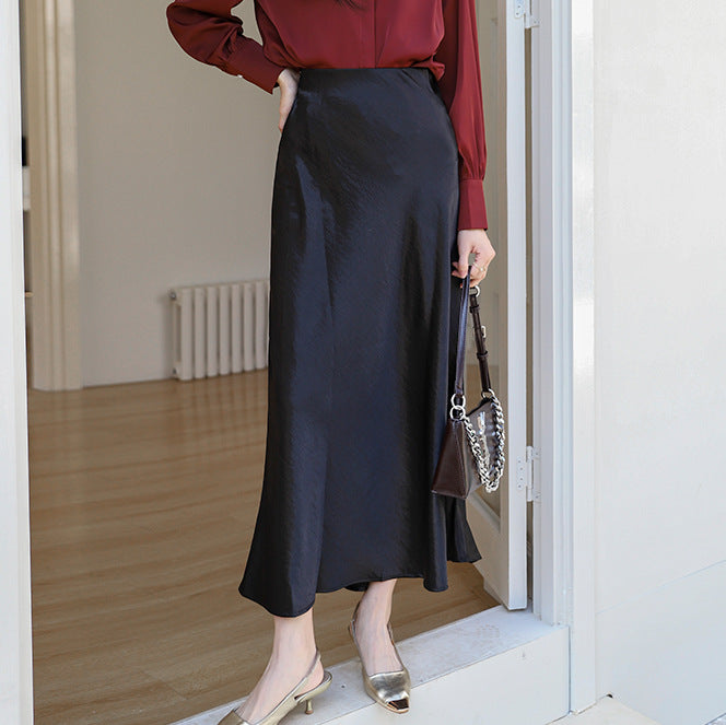 Damen  schwingender Midirock aus satinierter Viskose mit glattem Taillenbund EB