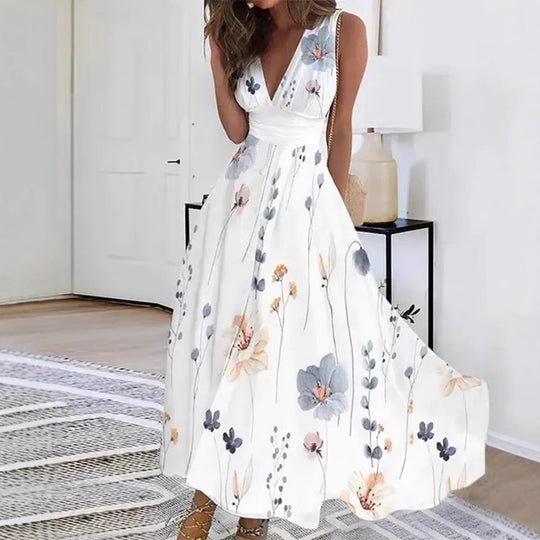 Damen Blumiges A-Linien Maxikleid mit V-Ausschnitt und eleganten Trägern Heidi-Mode