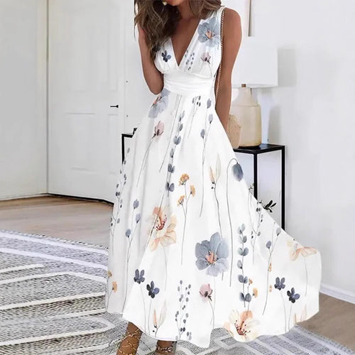Damen Blumiges A-Linien Maxikleid mit V-Ausschnitt und eleganten Trägern Heidi-Mode