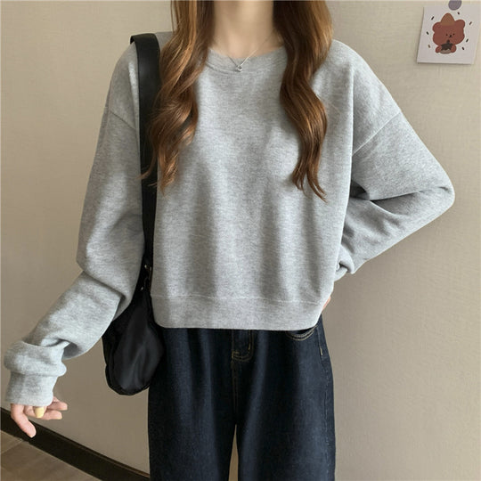 Damen lässiger cropped Pullover aus weichem Baumwollmix mit modischem Rundhalsausschnitt EB