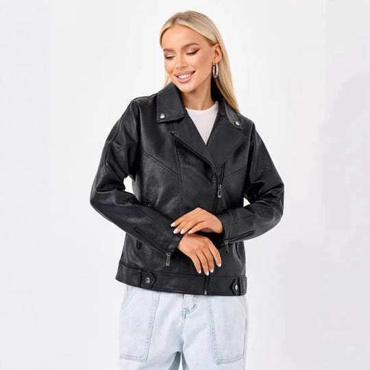 Damen hochwertige Kunstlederjacke im Biker-Stil mit asymmetrischem Reißverschluss EB