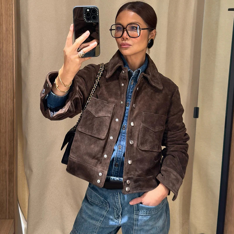 Damen Modische Wildlederjacke mit seitlichen Taschen EB