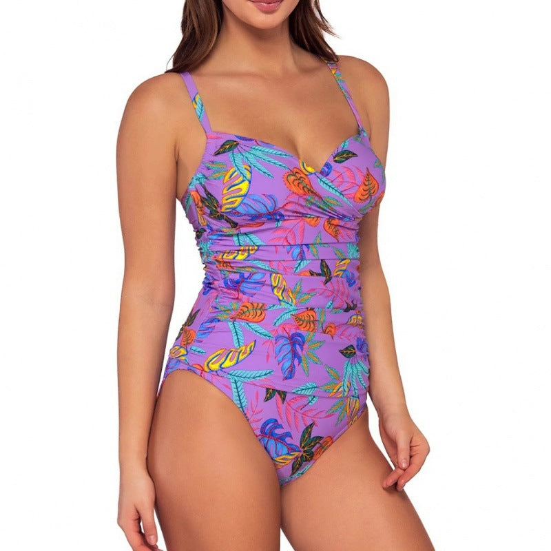 Damen Einteiliger Badeanzug mit floralem Wickeldesign und verstellbaren Trägern EB