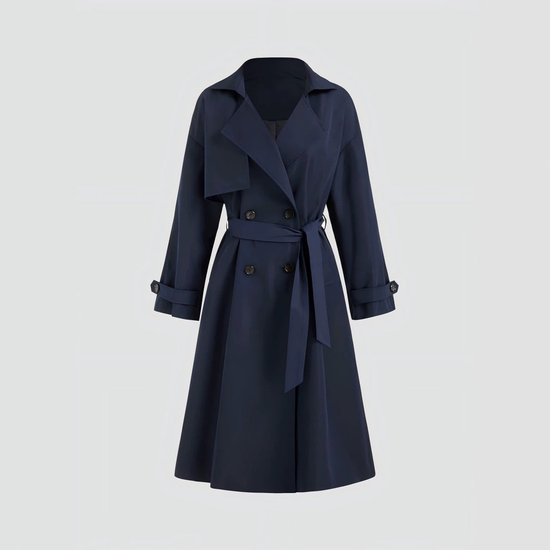 Damen Langer Trenchcoat-Mantel mit weiter Silhouette, Reverskragen und Taillengürtel EB