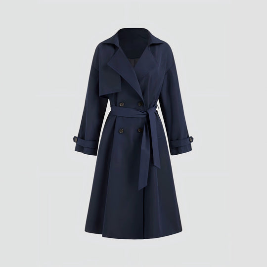 Damen Langer Trenchcoat-Mantel mit weiter Silhouette, Reverskragen und Taillengürtel EB