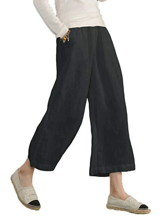 Damen weite Leinenhose mit seitlichen Taschen und elastischem Bund EB