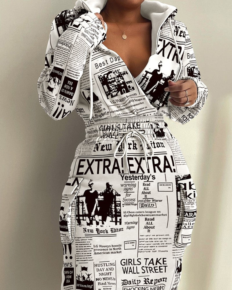 Damen lässiges Set mit modernem Zeitungsdruck EB