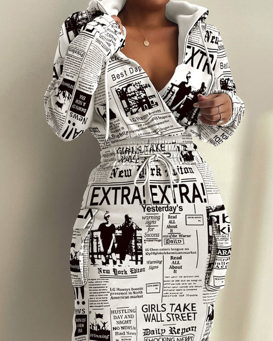 Damen lässiges Set mit modernem Zeitungsdruck EB