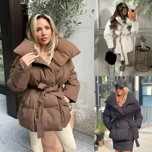 Damen modische Steppjacke mit breitem Revers und taillierbarem Gürtel EB