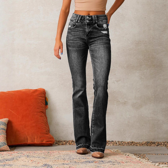 Damen Flared Jeans mit hohem Bund und modischen Destroyed-Details EB