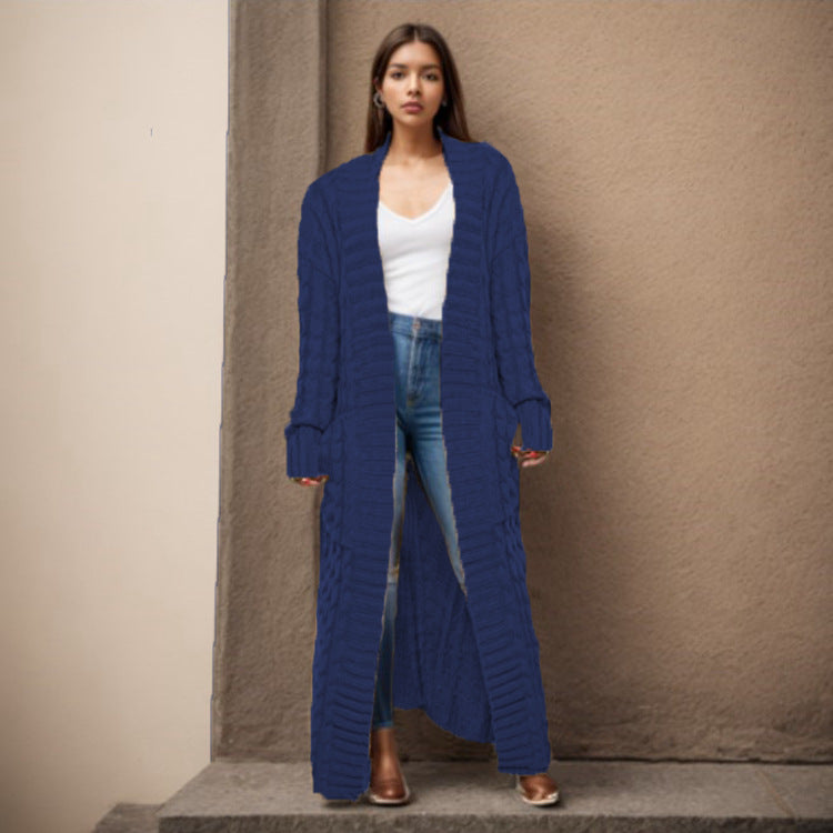 Damen Langer Strickcardigan mit raffiniertem Zopfdesign und praktischen Taschen EB