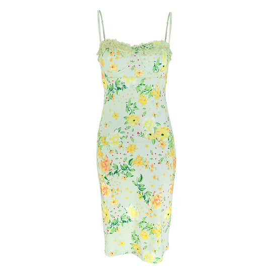 Damen Sommerliches Blumenkleid mit zarter Spitze und Spaghetti-Trägern EB