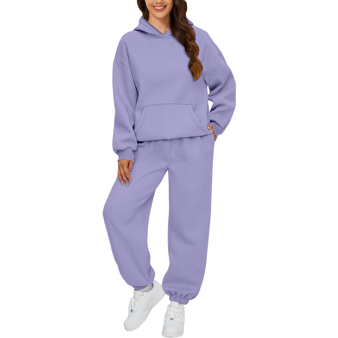 Damen nan gemütliches French-Terry Loungewear-Set mit doppellagiger Kapuze, Kängurutasche und elastischem Knöchel-Jogger EB