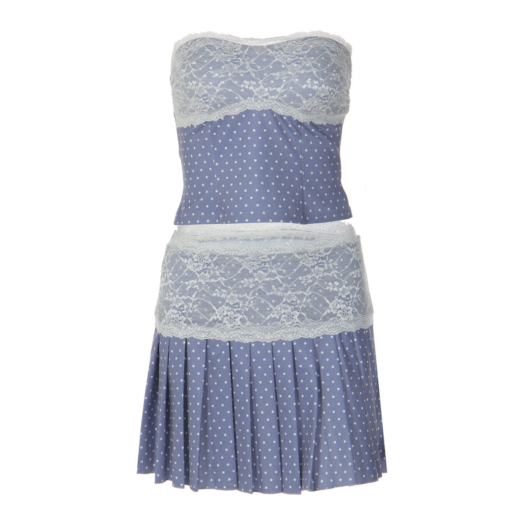 Damen Bandeau Kleid mit Spitzenbesatz und Plisseefalten EB