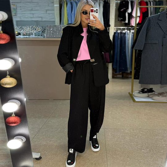 Damen lässige Sweater-Blazer-Kombination mit weit geschnittenen Hosen EB