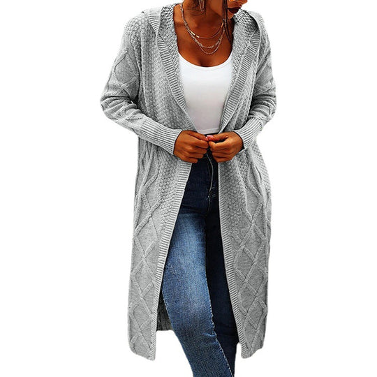 Damen Strickmantel mit gehäkeltem Zopfdesign und offenem Schnitt EB