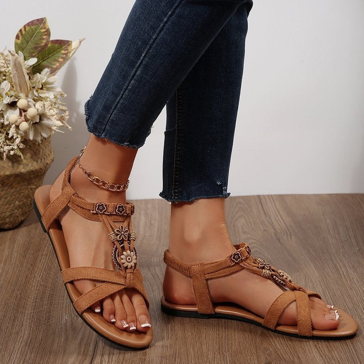 Damen Riemchen-Sandalen mit floralen Applikationen und komfortablem Fußbett EB