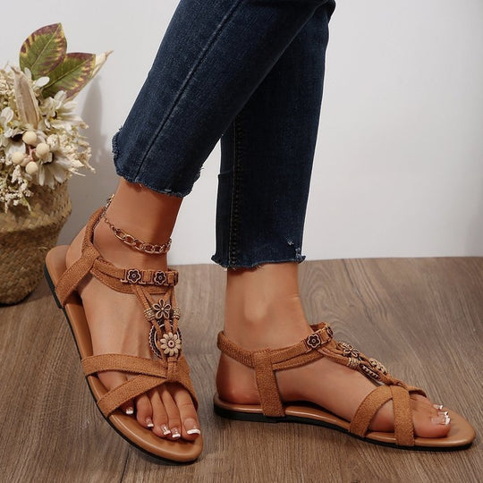 Damen Riemchen-Sandalen mit floralen Applikationen und komfortablem Fußbett EB