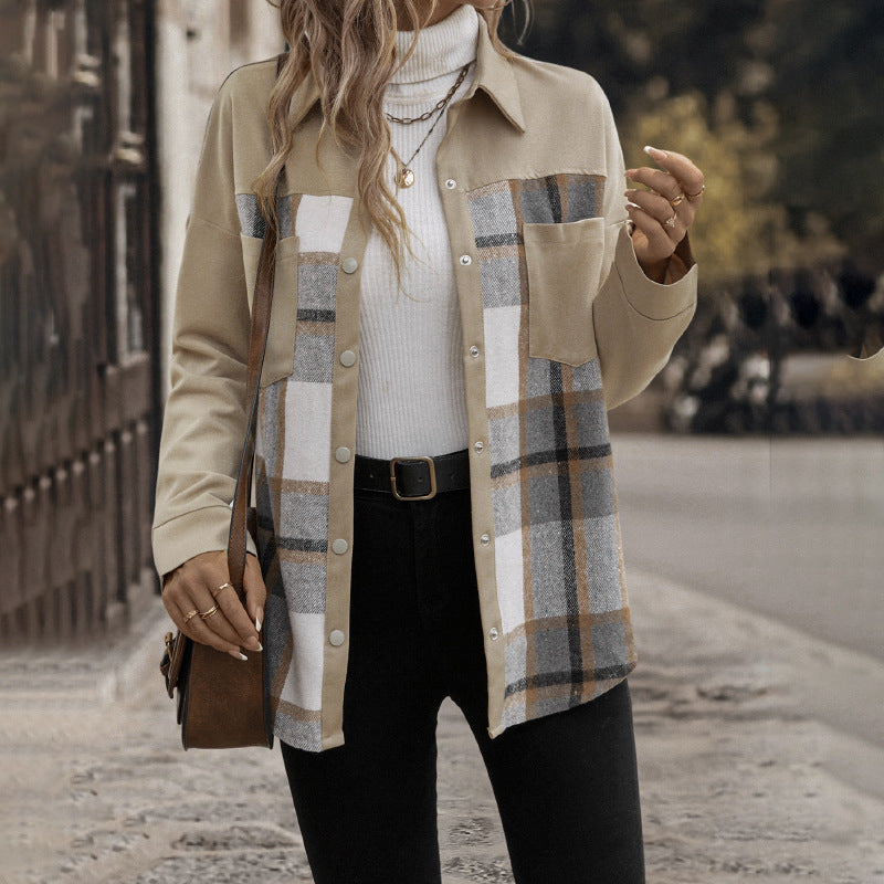 Damen Modische Karoschirtjacke mit Brusttaschen und Knopfleiste EB