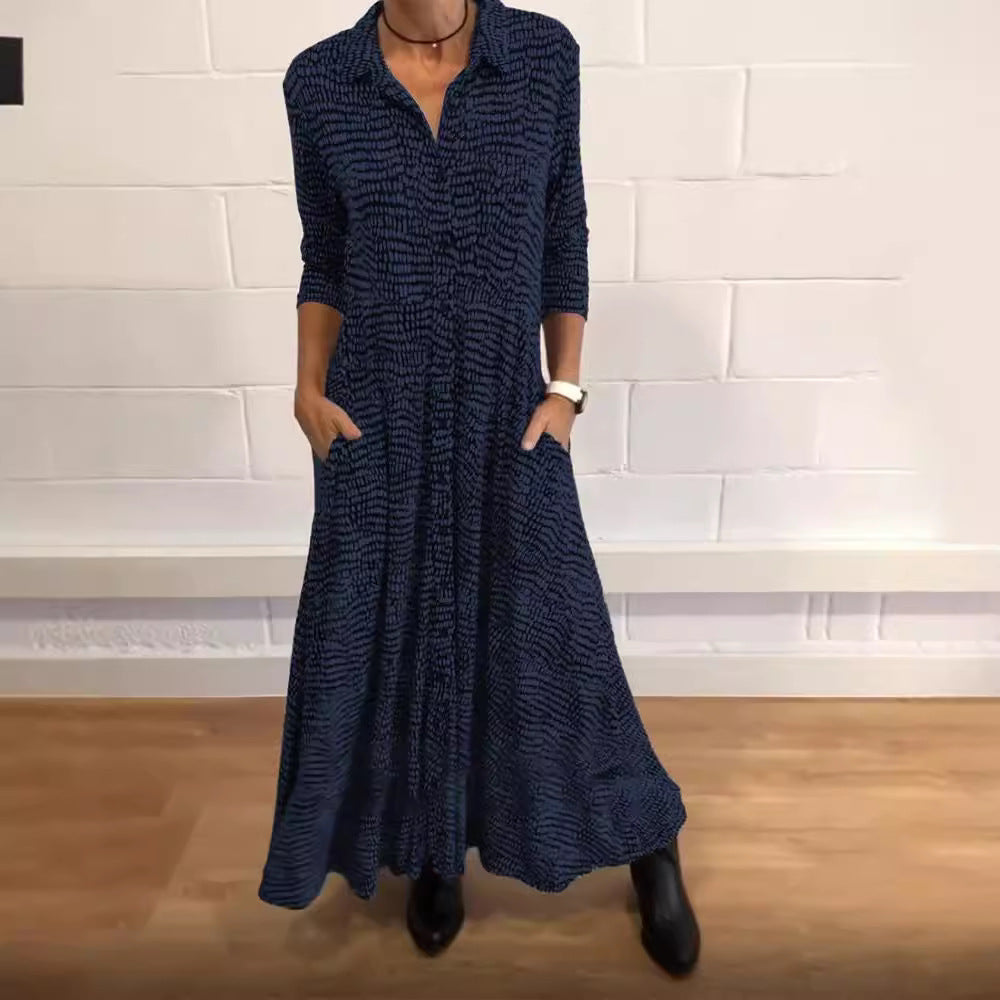 Damen nan fließendes Maxikleid mit Hemdblusenkragen, V-Ausschnitt, dreiviertelärmeln und Seitentaschen EB