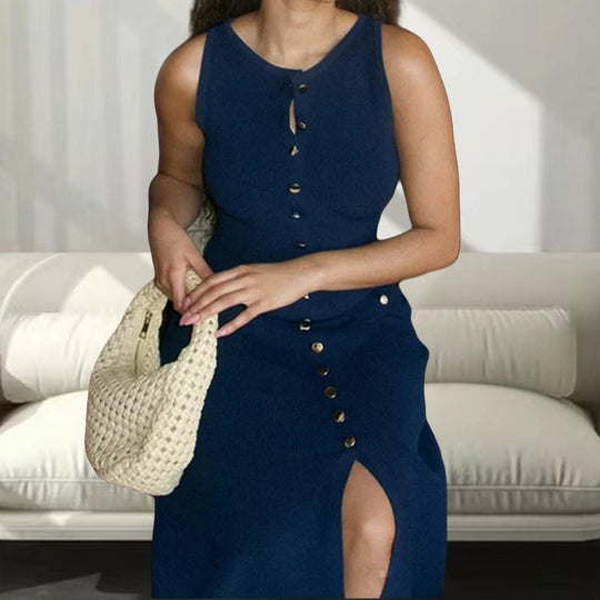 Damen Strickmaxikleid mit Knopfleiste und seitlichen Schlitzen EB