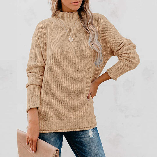 Damen Grobstrickpullover mit hohem Kragen und lässigem Schnitt EB