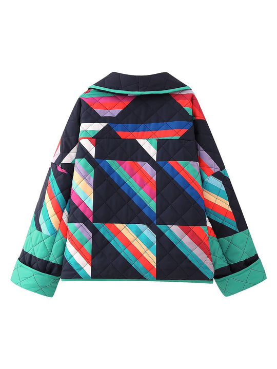 Damen gestreifte Steppjacke mit weitem Schnitt und stylischem Farbspiel EB