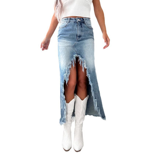 Damen Jeansrock mit asymmetrischem Schlitz und Fransensaum EB
