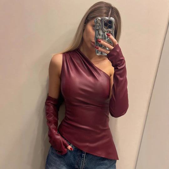 Damen Elegantes Top mit asymmetrischem Design und langen Armabschlüssen EB