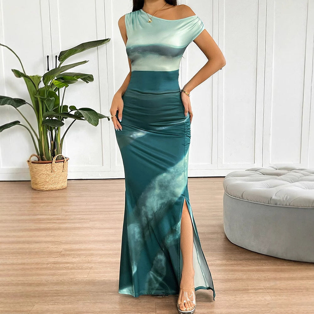Damen Maxikleid mit asymmetrischem Ausschnitt und fließendem Schnitt EB