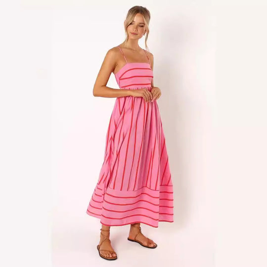 Damen Maxi-Kleid mit schmalen Spaghettiträgern und eleganten Querstreifen EB