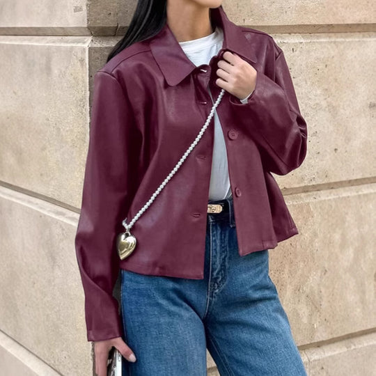 Damen Modische Kunstlederjacke mit klassischen Knopfdetails EB