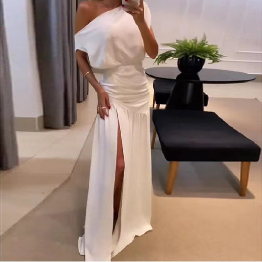 Damen Langärmeliges Kleid mit seitlichem Schlitz und off-shoulder Design EB