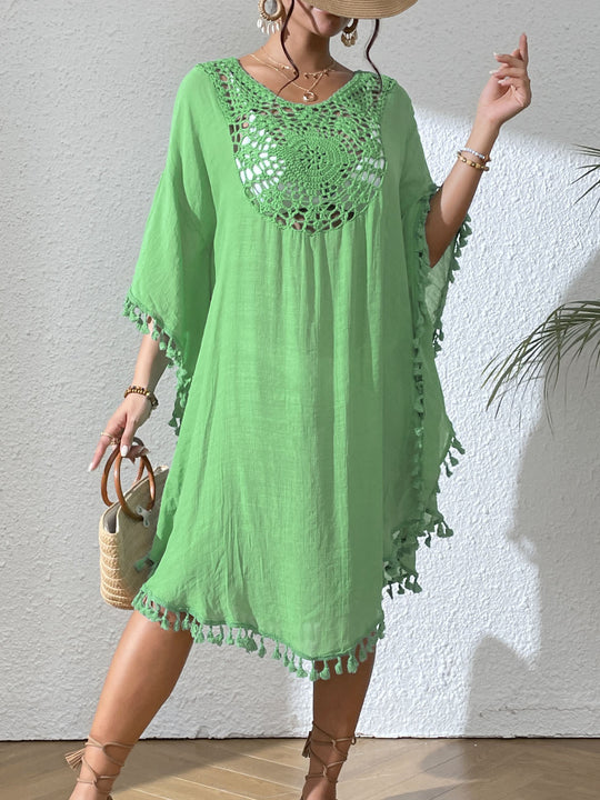 Damen Strandtunika mit elegantem Häkelmuster und fransigen Details EB