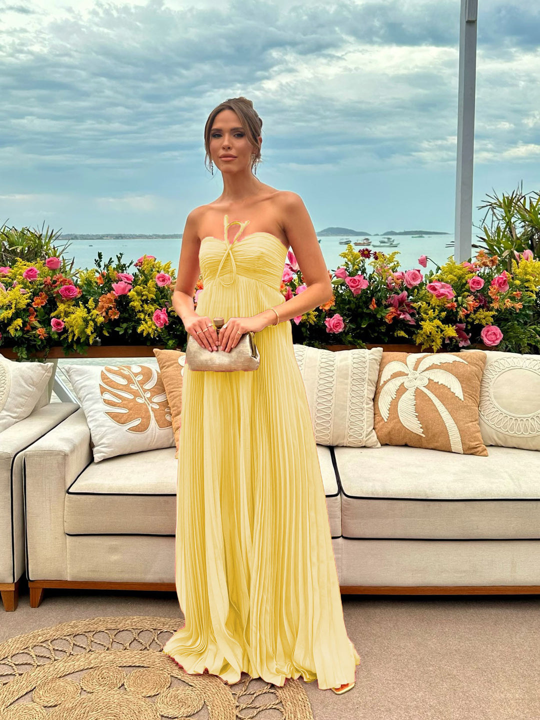 Damen Maxikleid mit gerafftem Oberteil und luftigem Rock EB