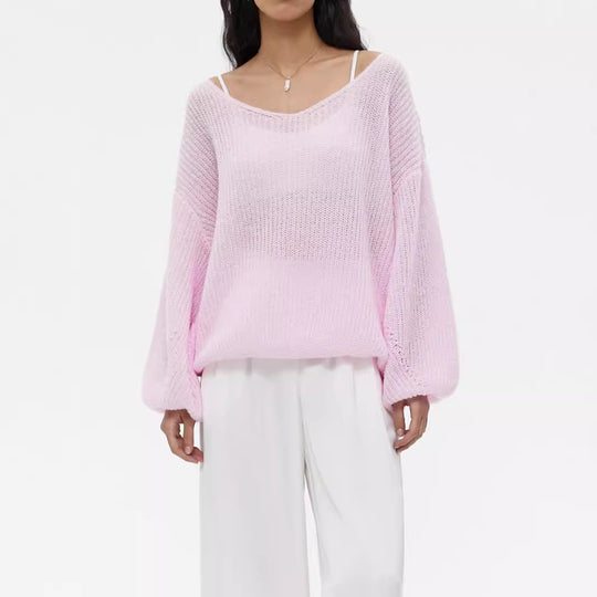 Damen lässiger Strickpullover mit weiten Ärmeln und tiefem V-Ausschnitt EB
