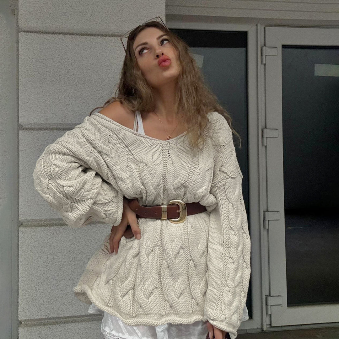 Damen nan lässiger Oversize-Strickpullover mit Zopfmuster und weitem V-Ausschnitt EB